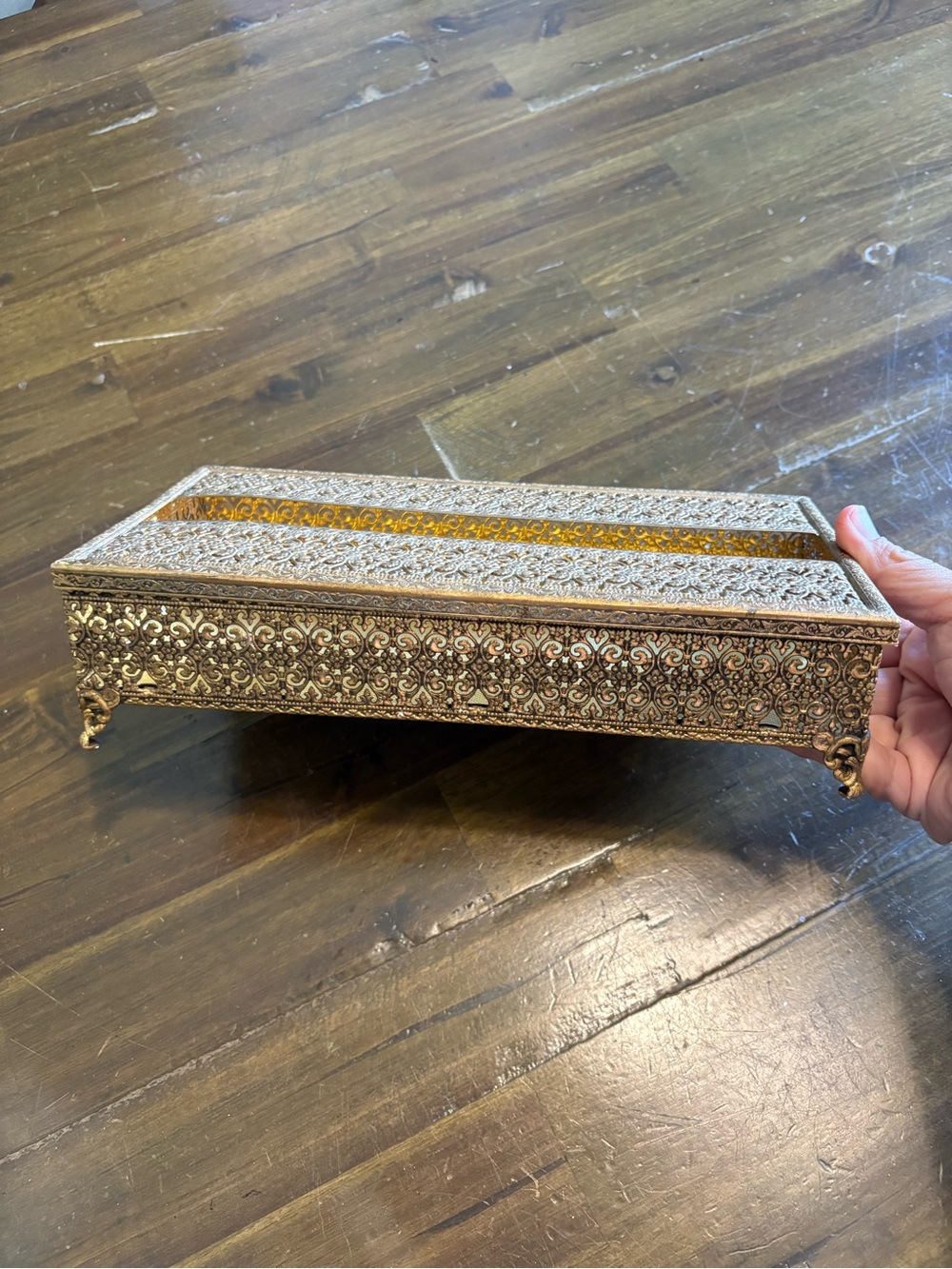 Vtg Mid Century Hollywood Regency Gold Filigree Footed Tissue Box Holder Ornate
